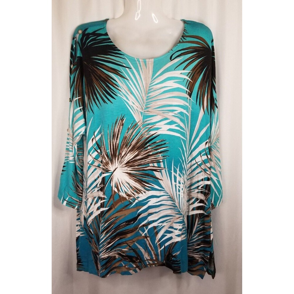 Chico's Women's Tunic Top Tropical Palm Design Split Sleeve Button Size Large